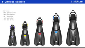 AquaLung scuba diving storm fins size chart