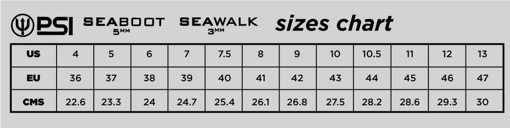 PSI boot sizes chart