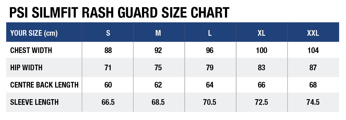 PSI SILMFIT RASH GUARD SIZE CHART