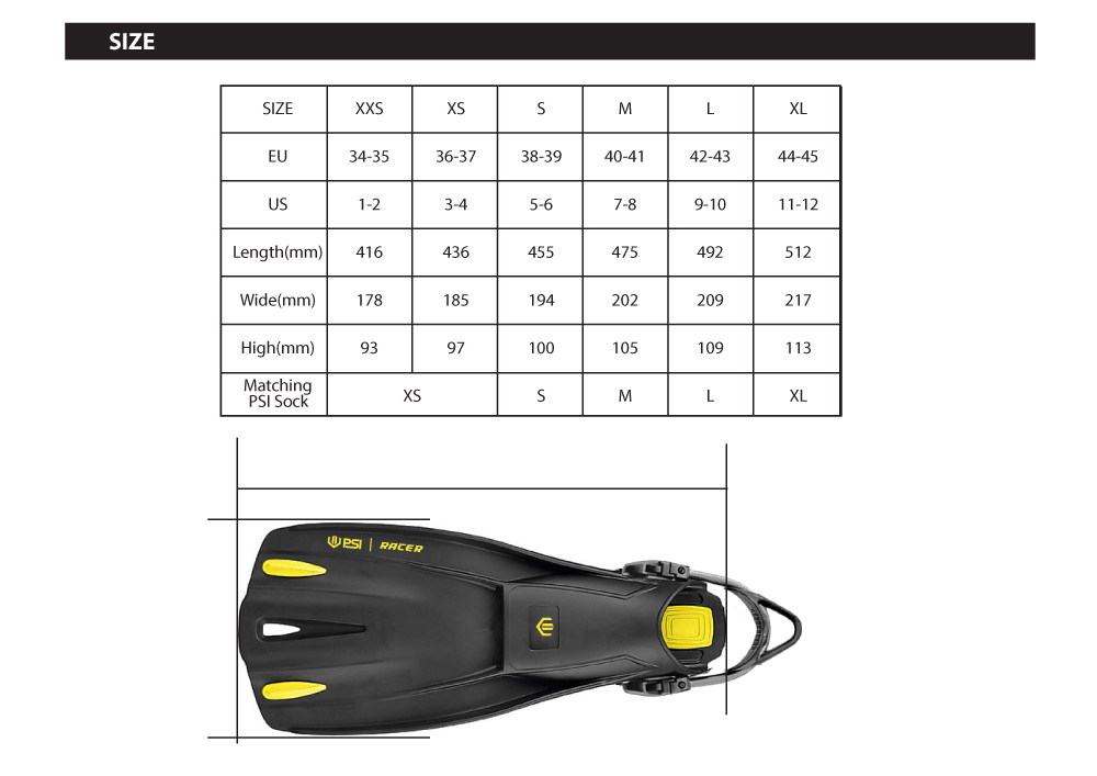 PSI Racer fins size chart