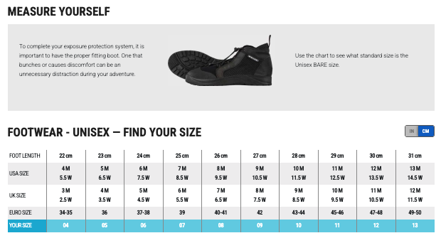 BARE 5mm S-Flex Boots Size Chart