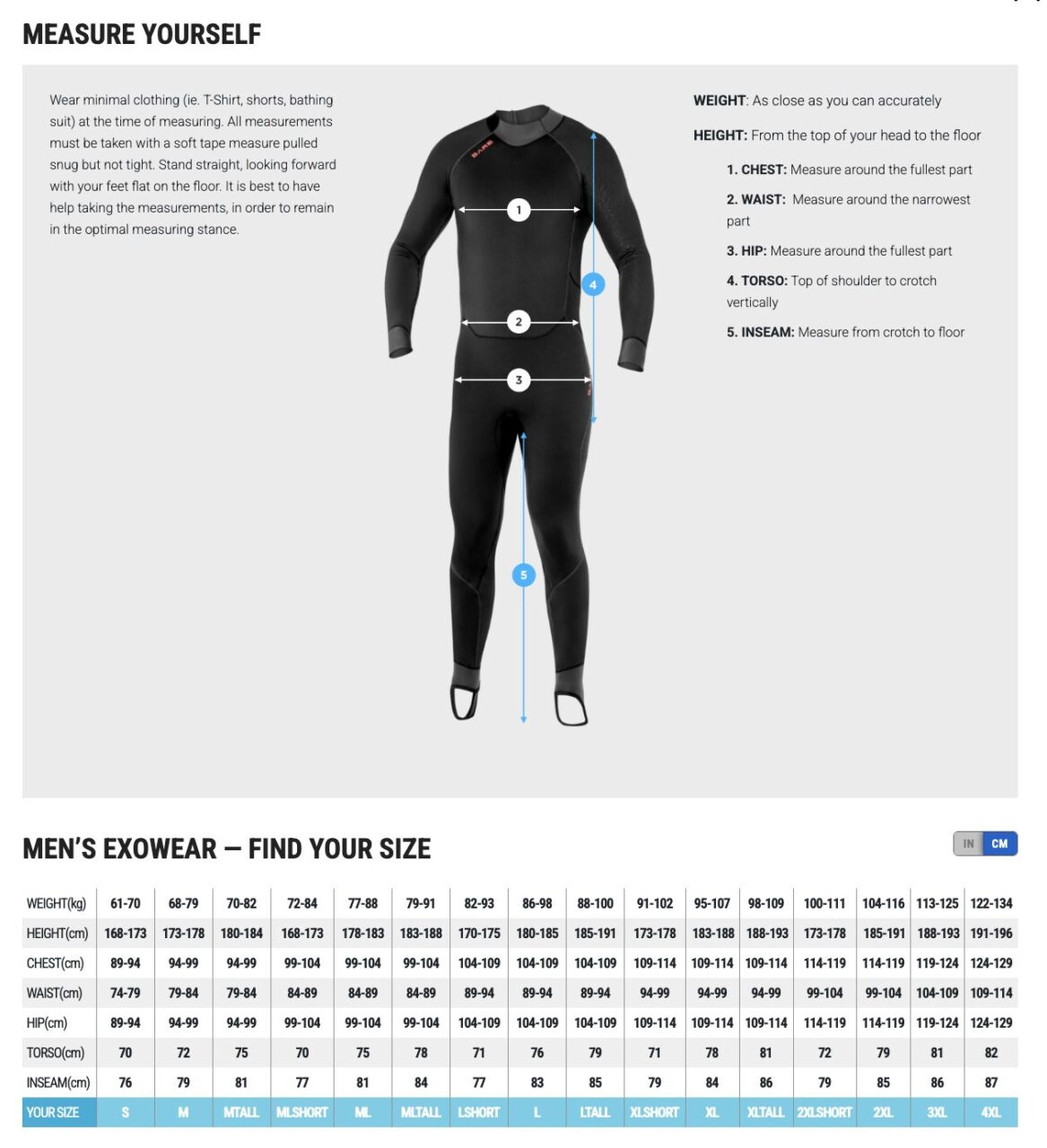 BARE Men Exowear Jacket Size Chart