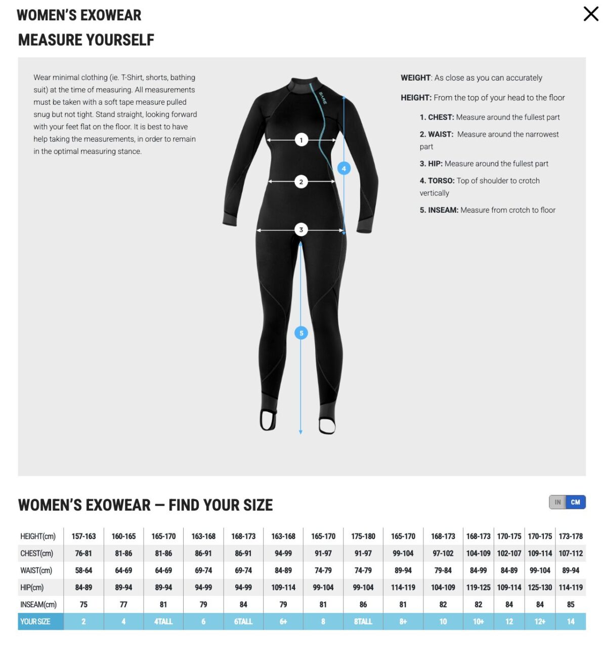 Women's Exowear Size Chart