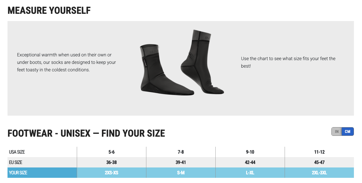 BARE Exowear Socks Size Chart